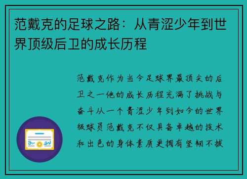 范戴克的足球之路：从青涩少年到世界顶级后卫的成长历程